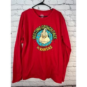 Men’s Large Long Sleeve “Resting Grinch Face in Kansas” Graphic T-Shirt – Red
